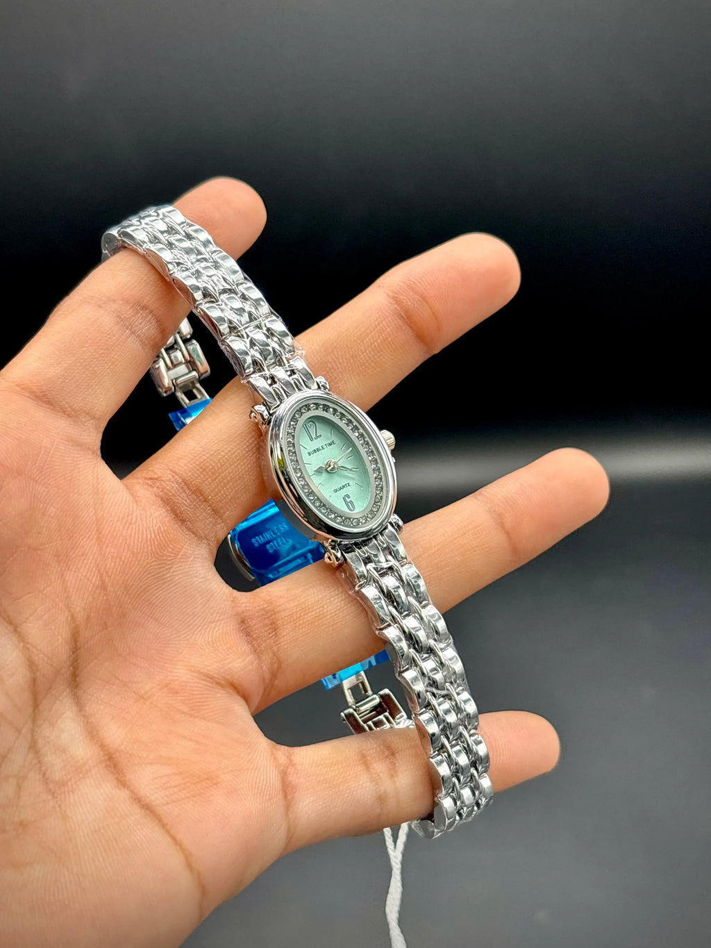 Bubble Time Luxe Silver Oval Watch – Mint Dial & Rhinestone Detail - elapse