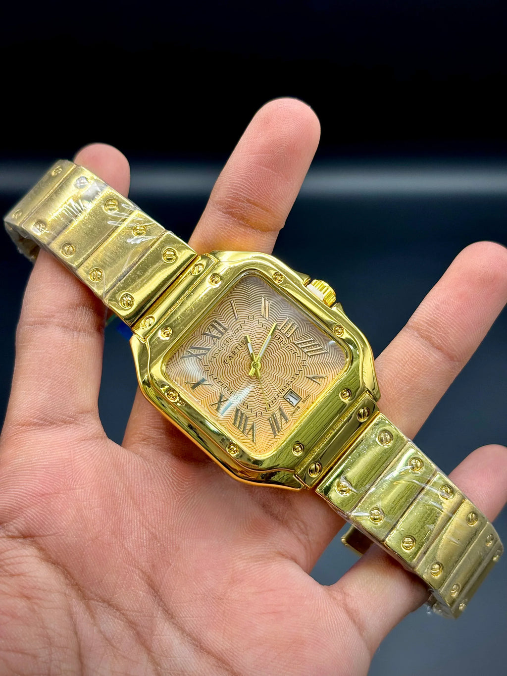 Yellow Gold Iced Santos – Black Dial Cartier-Inspired Luxury Watch - elapse