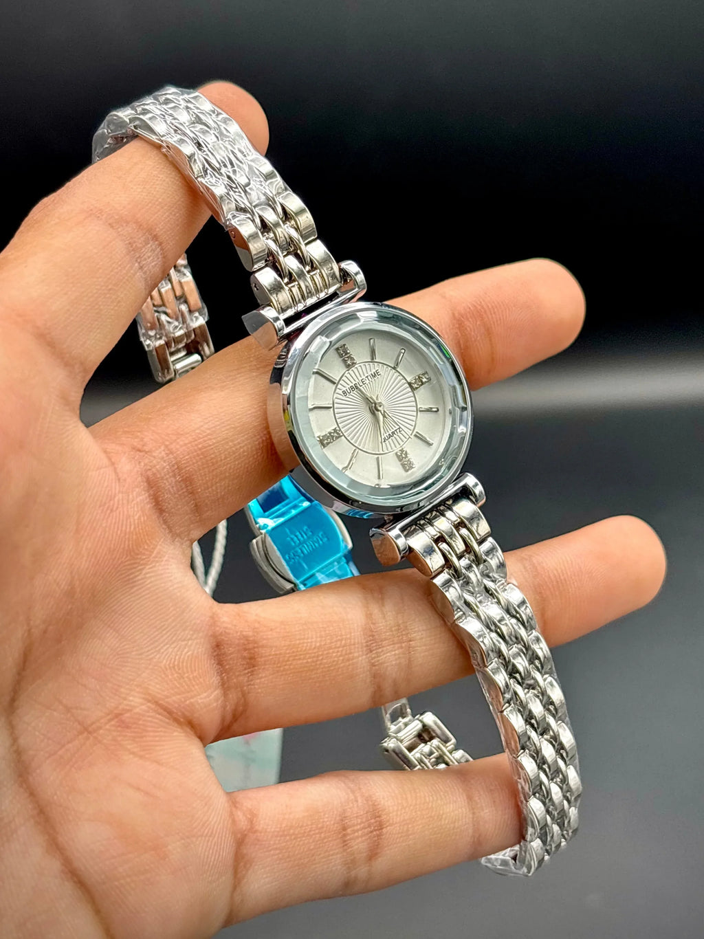 Bubble Time Luxe Silver Watch – Shimmering White Dial with Crystal Accents - elapse