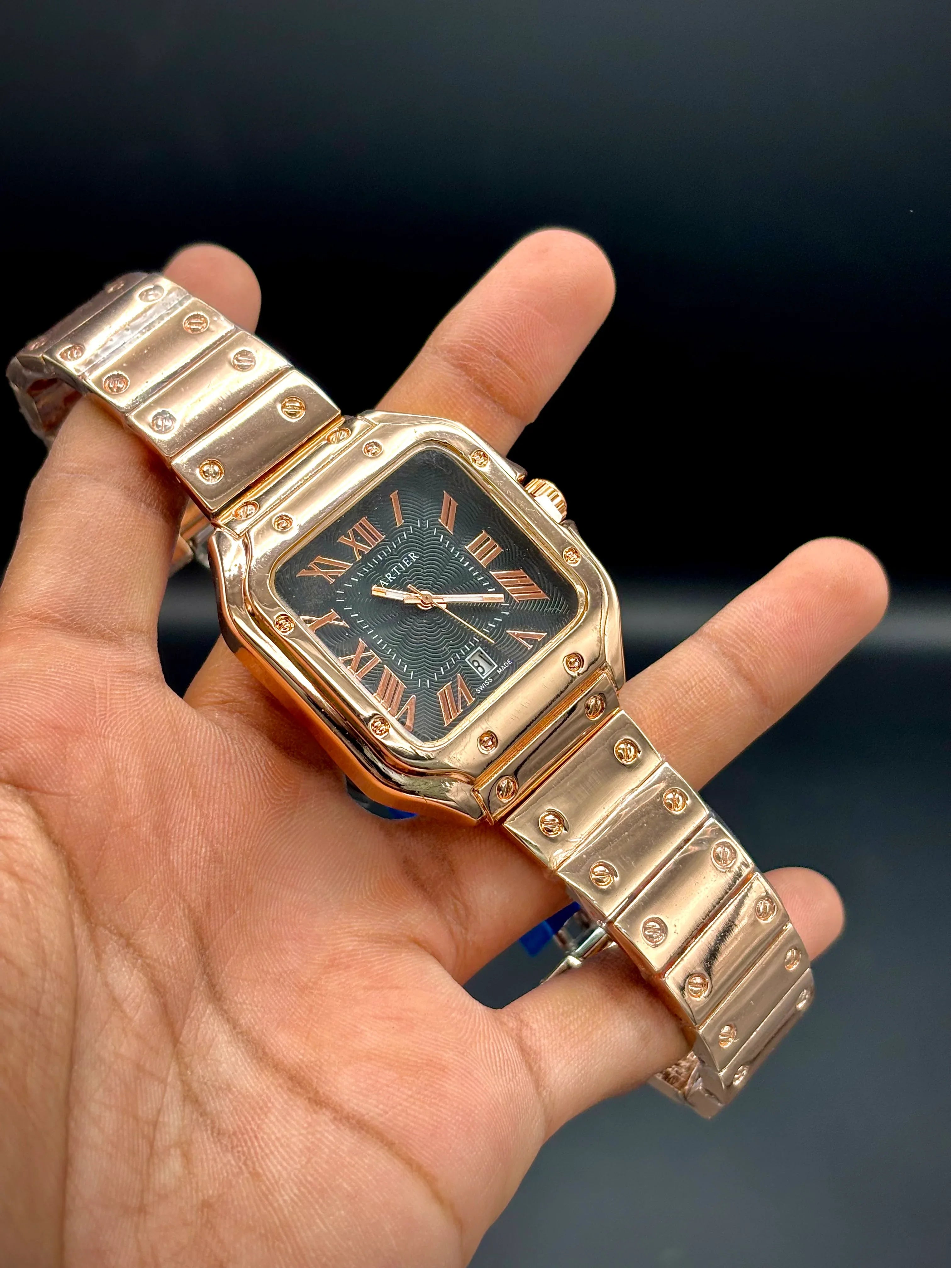 Rose Gold Iced Santos – Cartier-Inspired Moissanite Luxury Watch - elapse