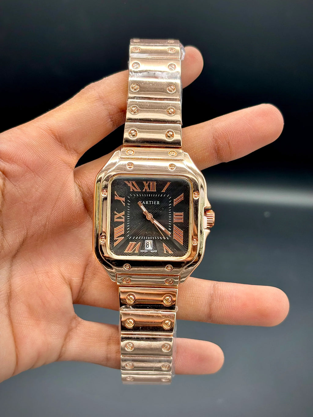Rose Gold Iced Santos – Cartier-Inspired Moissanite Luxury Watch - elapse