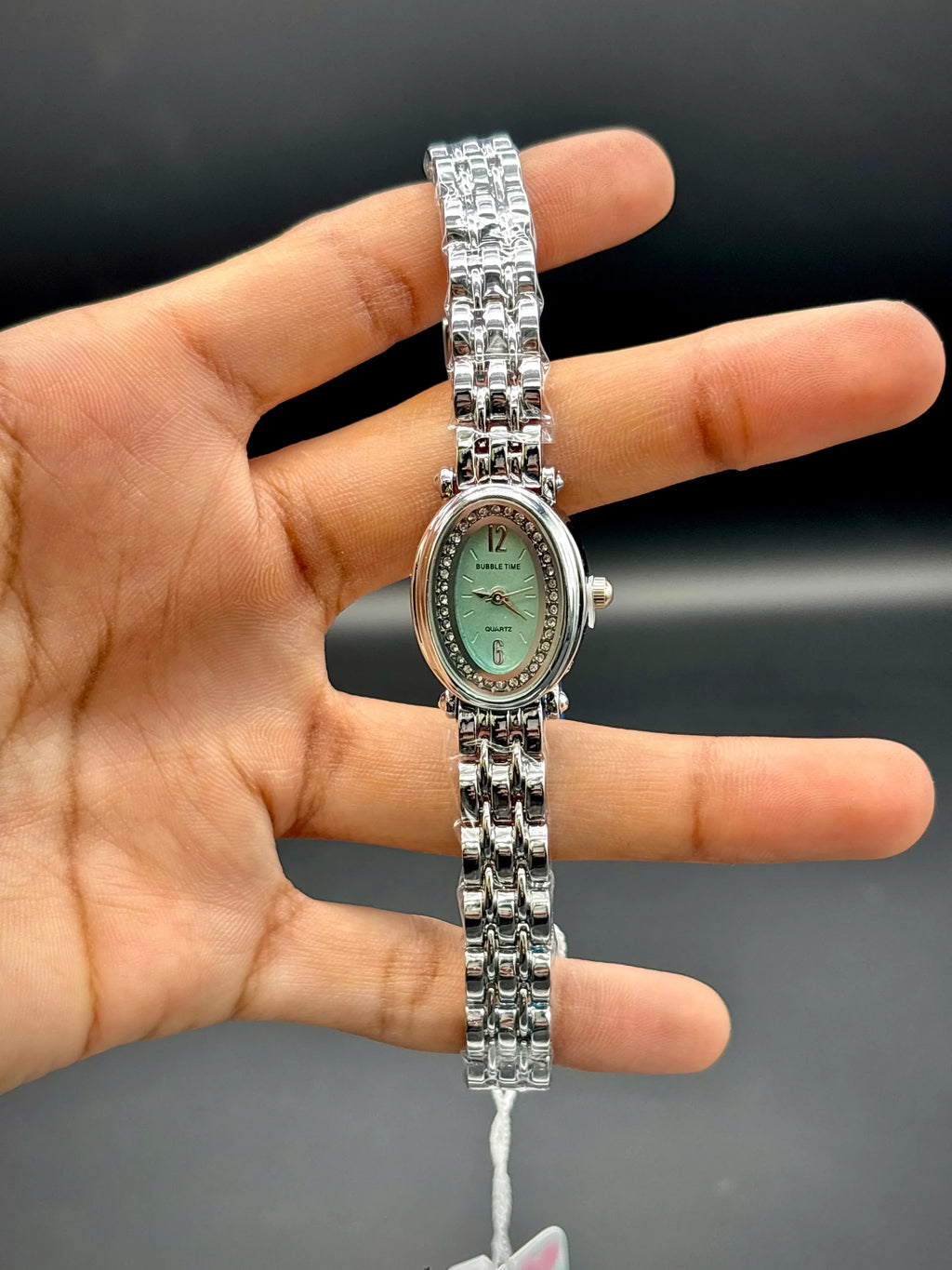 Bubble Time Luxe Silver Oval Watch – Mint Dial & Rhinestone Detail - elapse