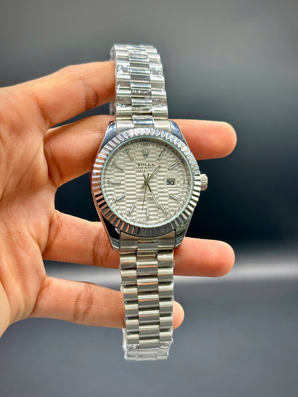 White Textured Dial Silver Chain Watch – Datejust 41 - elapse