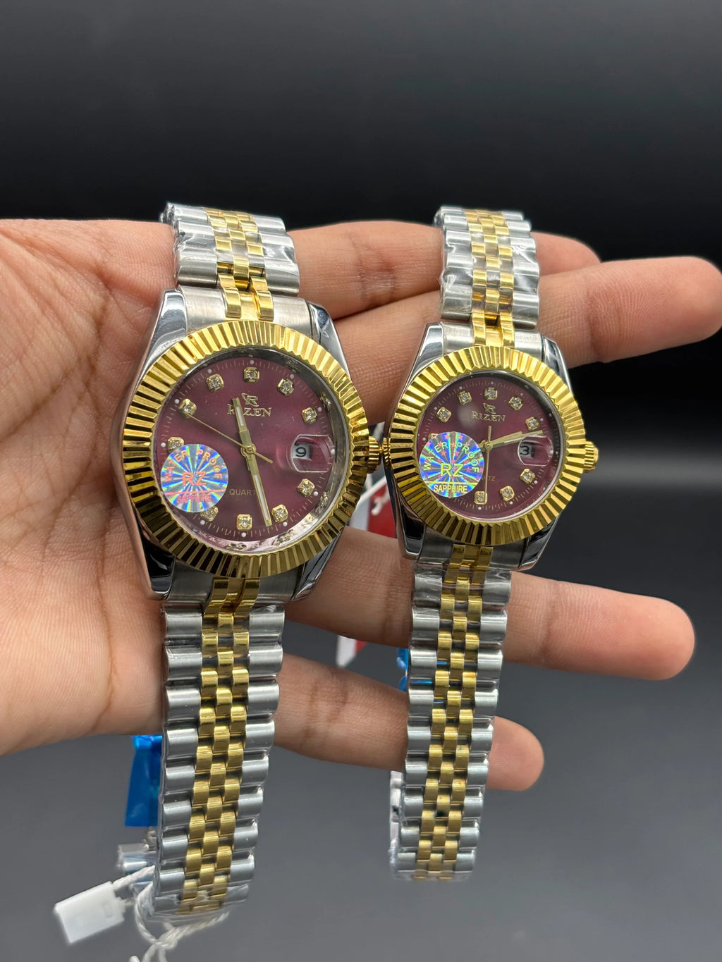 RIZEN Gold & Silver Couple Watch Set – Burgundy Dial | Premium Date Display - elapse