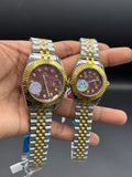 RIZEN Gold & Silver Couple Watch Set – Burgundy Dial | Premium Date Display - elapse