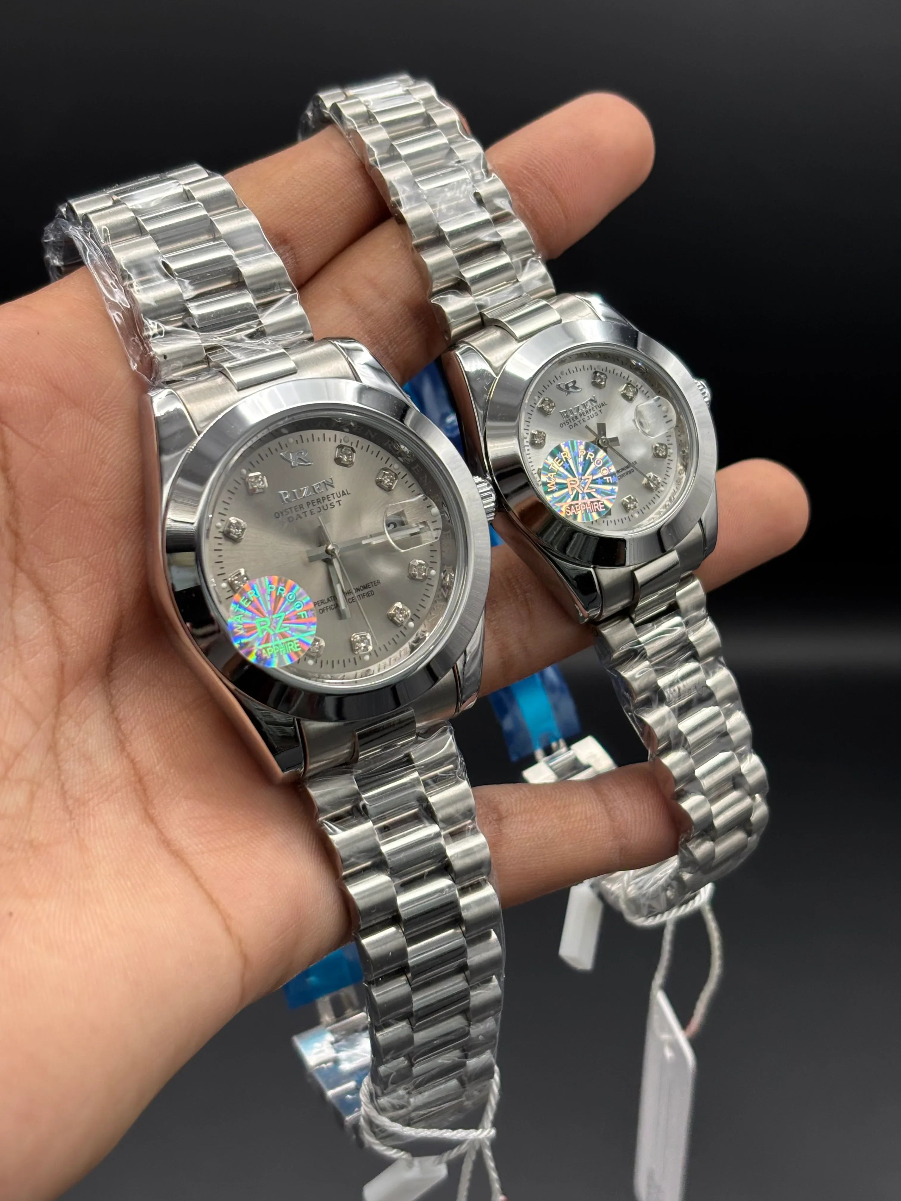 RIZEN Classic Silver Datejust Couple Watch Set – White Diamond Dial | Sapphire Glass - elapse