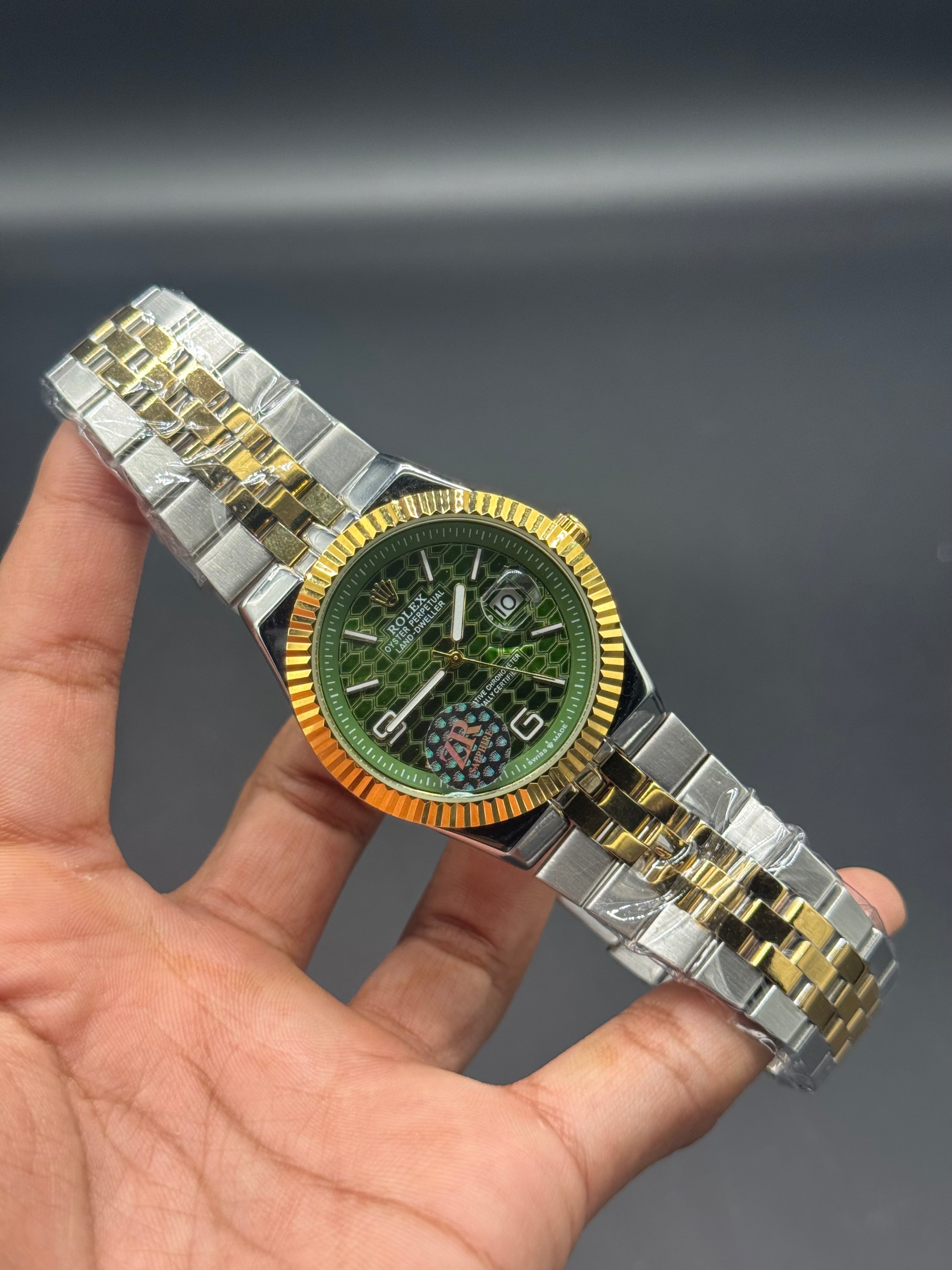 Green Dial Land-Dweller Inspired | Semi Automatic Machinery |Gold & Silver Two-Tone Chain | Honeycomb Texture | Date Display