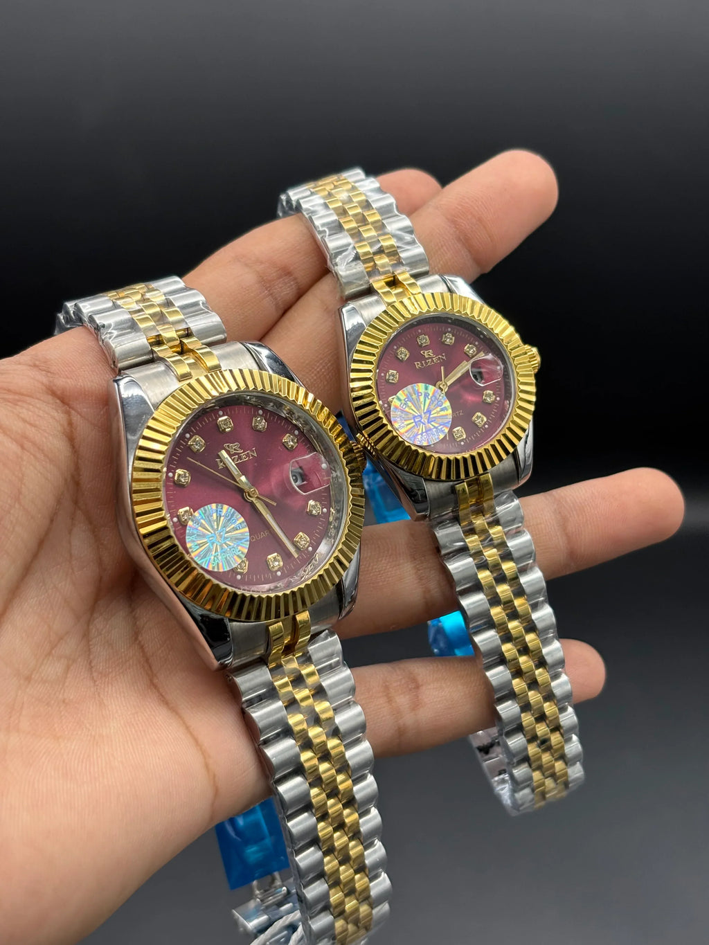 RIZEN Gold & Silver Couple Watch Set – Burgundy Dial | Premium Date Display - elapse