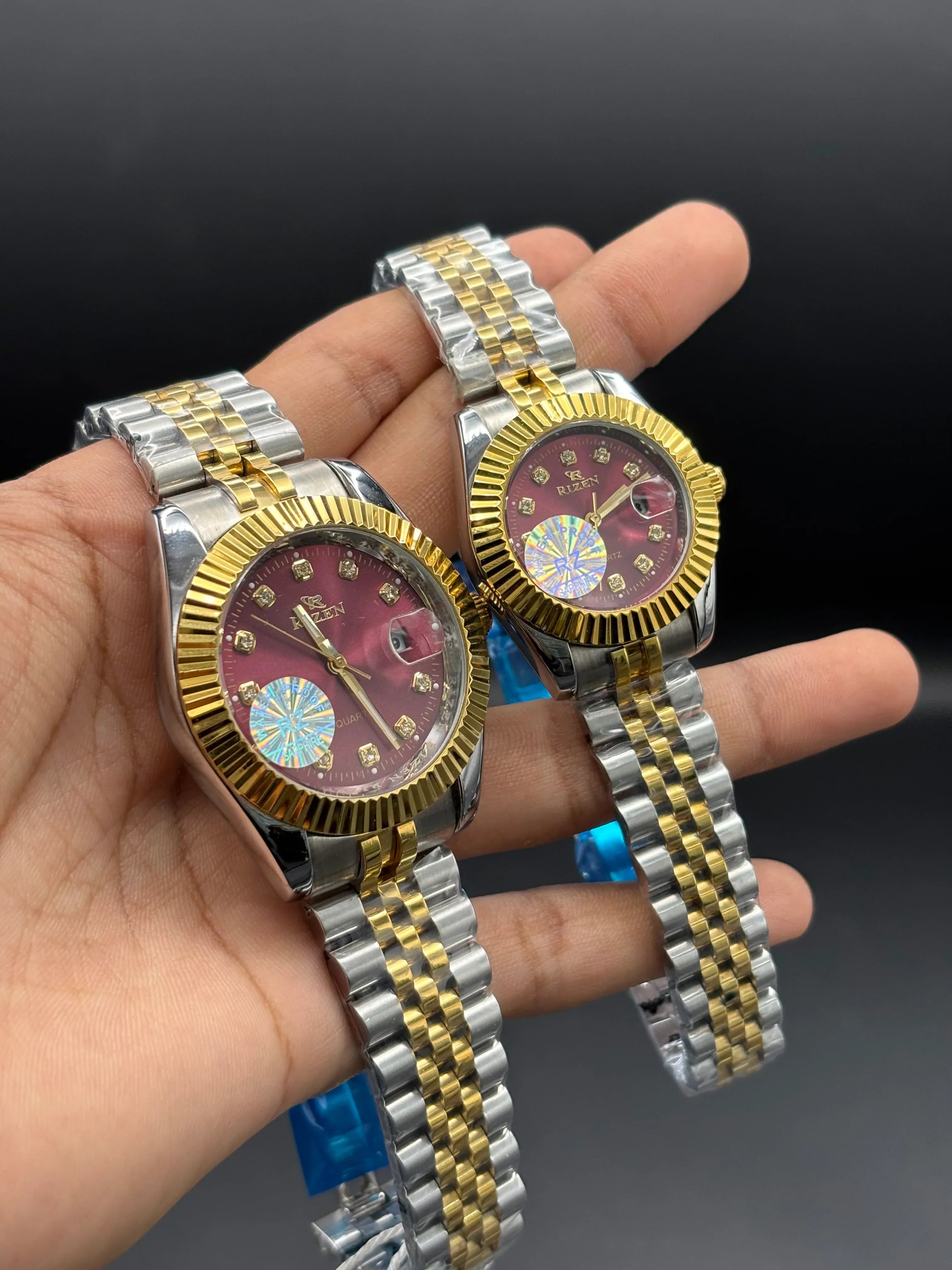 RIZEN Gold & Silver Couple Watch Set – Burgundy Dial | Premium Date Display - elapse