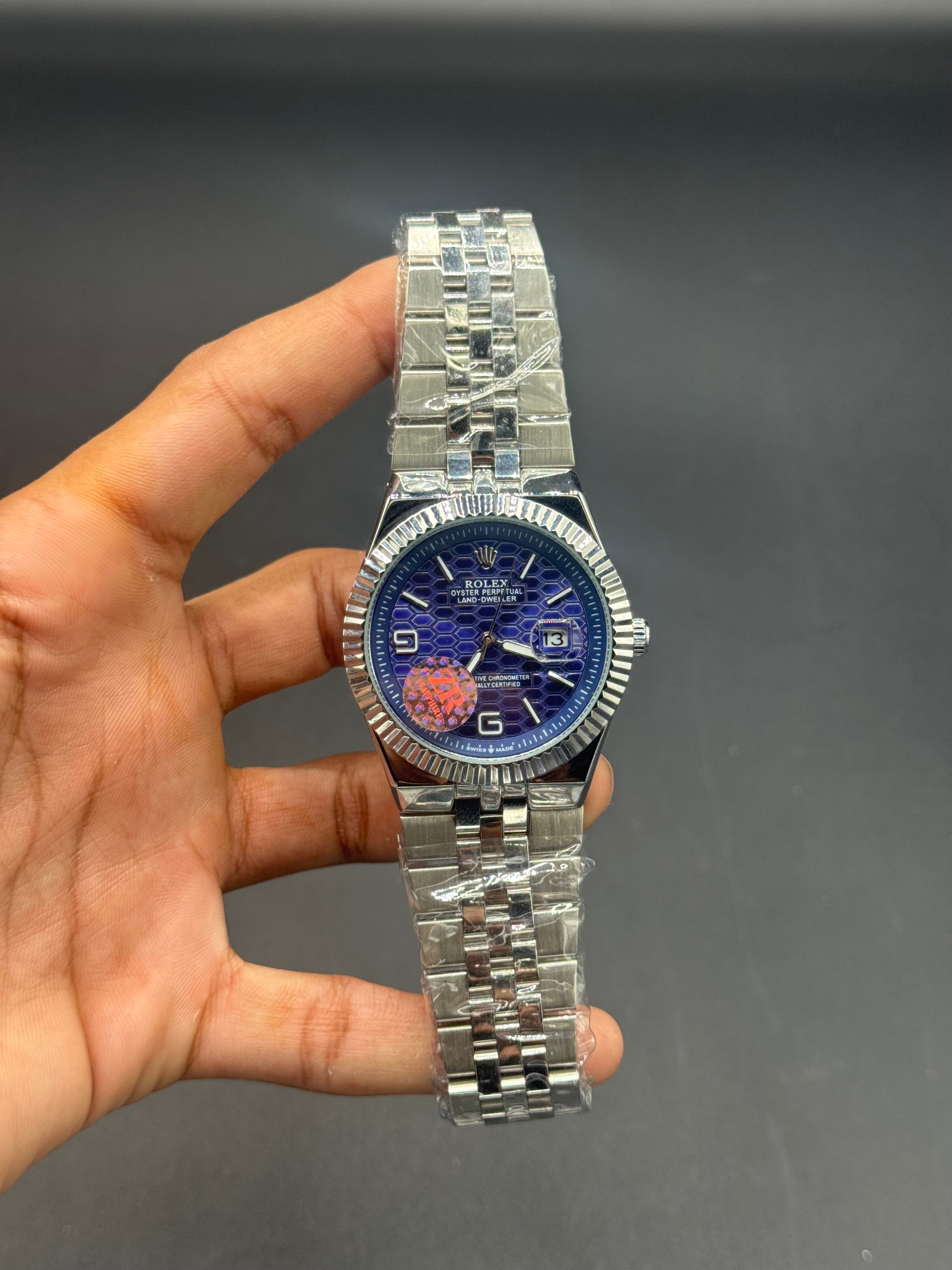 Blue Dial Land-Dweller Inspired | Semi Automatic Machinery |Silver Stainless Steel Chain | Honeycomb Texture | Date Display