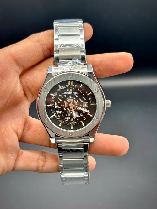 Audemars Piguet–Inspired Royal Oak – Black Dial with Silver Bracelet - elapse