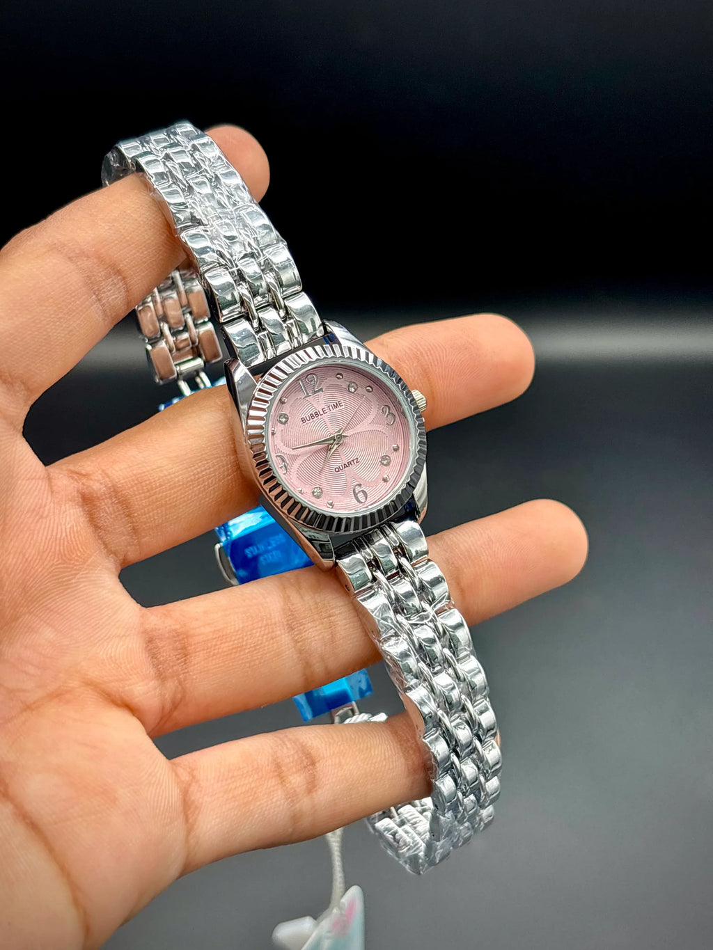 Bubble Time Luxe Silver Watch – Blush Pink Sunray Dial with Crystal Accents - elapse