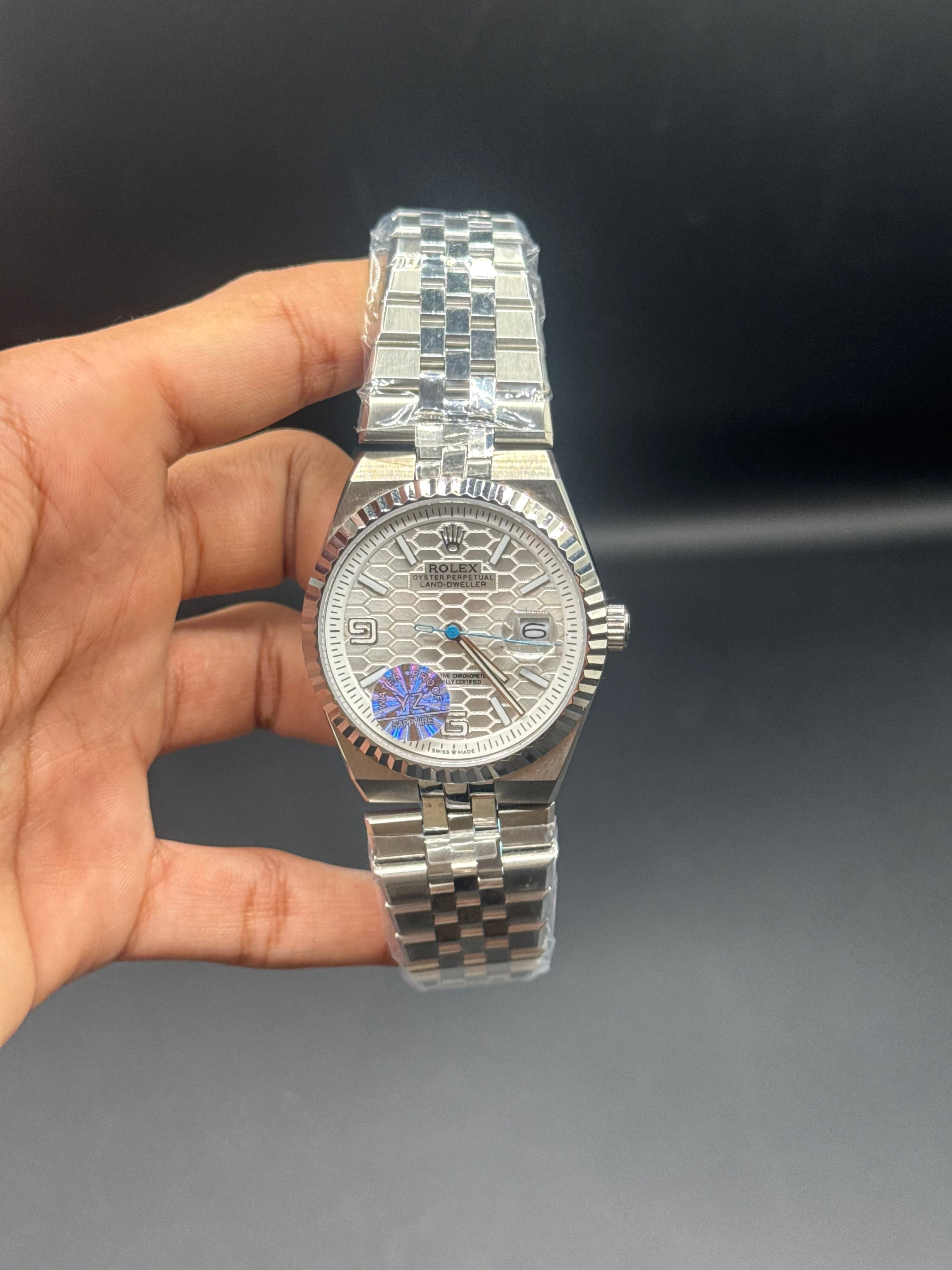 Rolex Land-Dweller – Silver Honeycomb Dial, Jubilee Bracelet