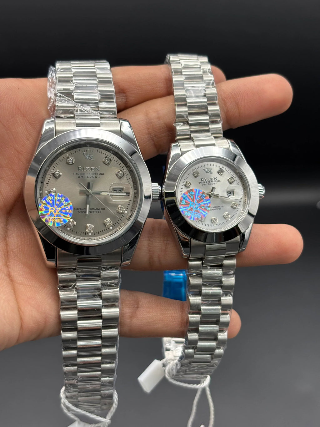 RIZEN Classic Silver Datejust Couple Watch Set – White Diamond Dial | Sapphire Glass - elapse