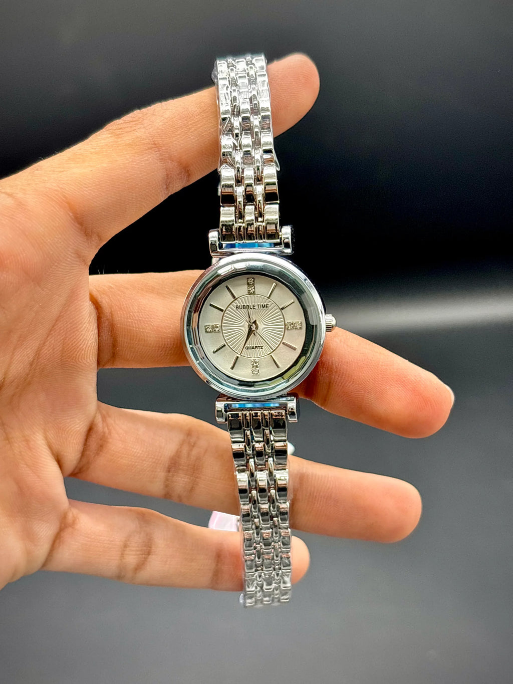Bubble Time Luxe Silver Watch – Shimmering White Dial with Crystal Accents - elapse