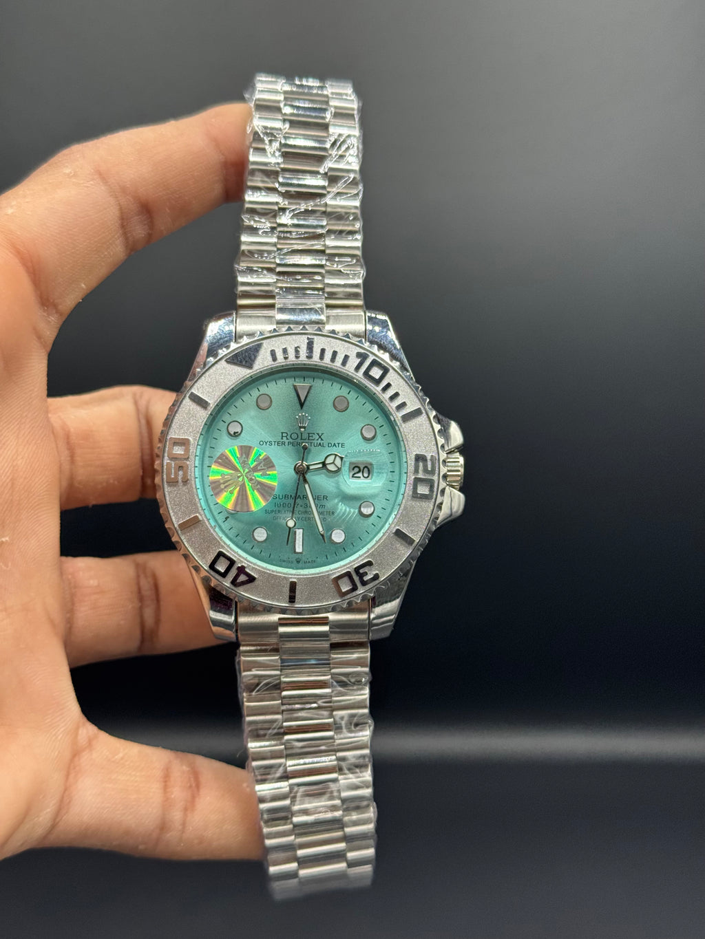 Submariner Style Watch - Ice Blue Dial - Silver Stainless Steel Strap - Rotating Bezel - Date Display -