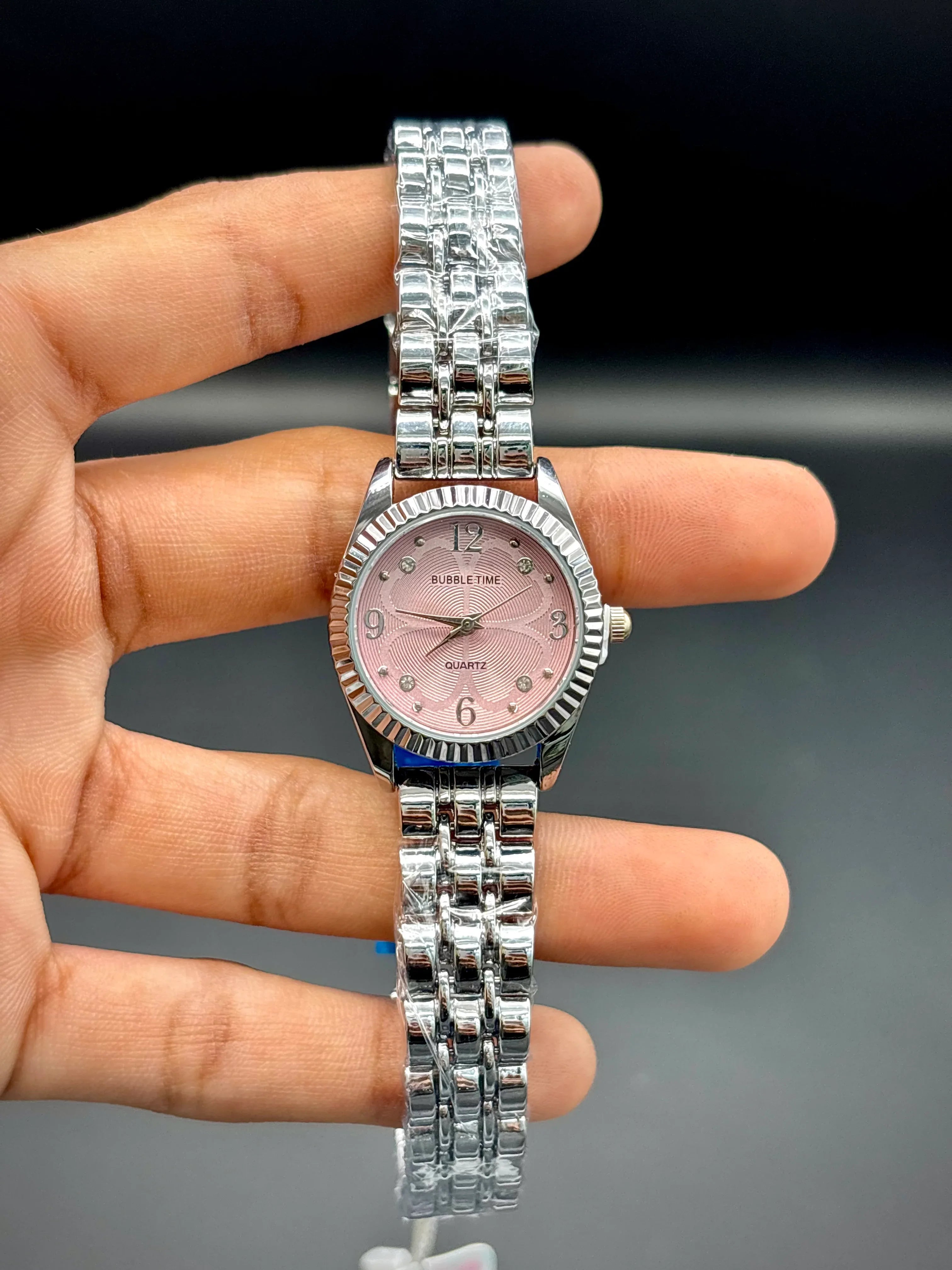 Bubble Time Luxe Silver Watch – Blush Pink Sunray Dial with Crystal Accents - elapse