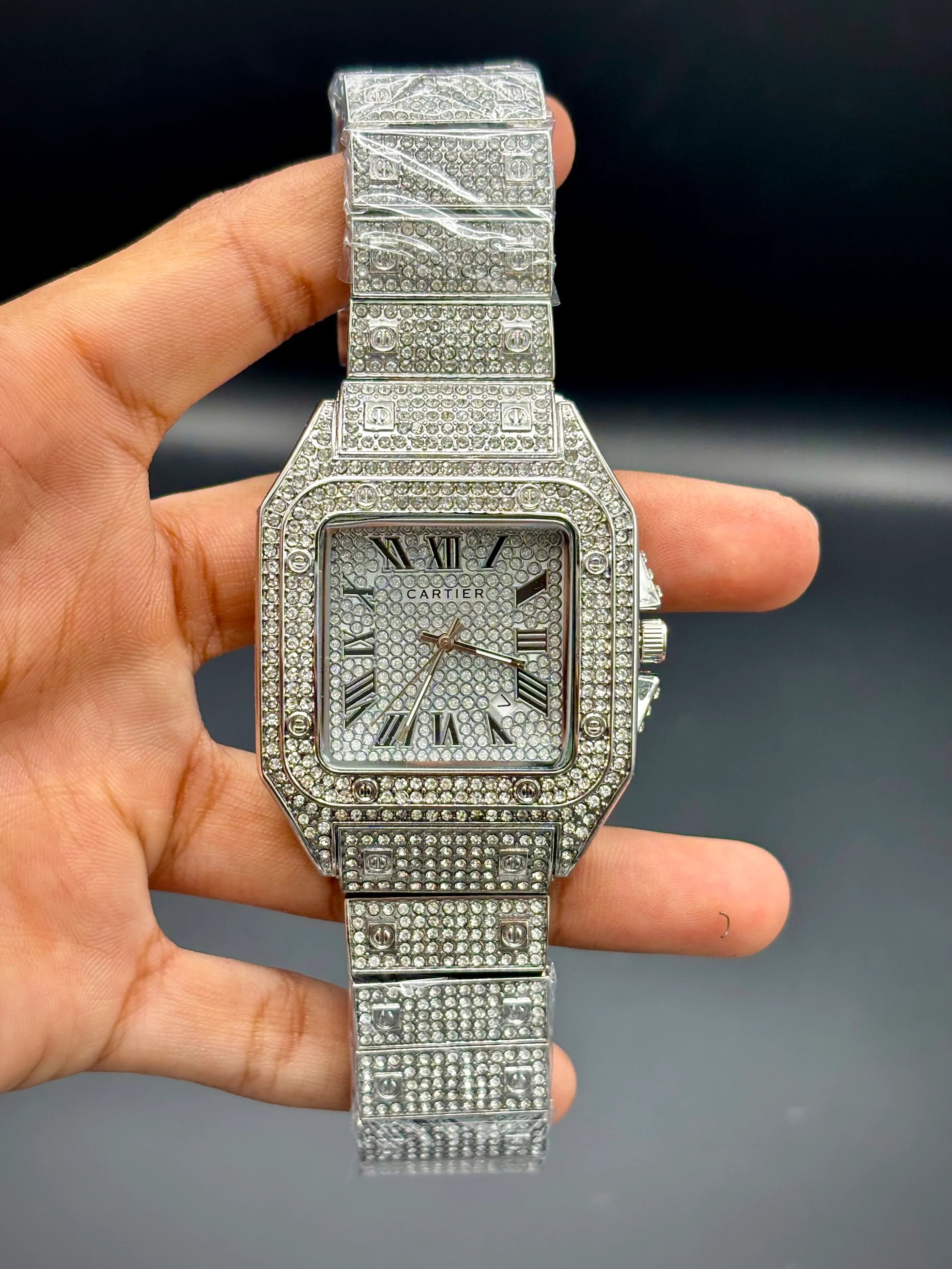 Iced Santos Cartier-Inspired Luxury Watch – Moissanite Diamond Style (Silver) - elapse