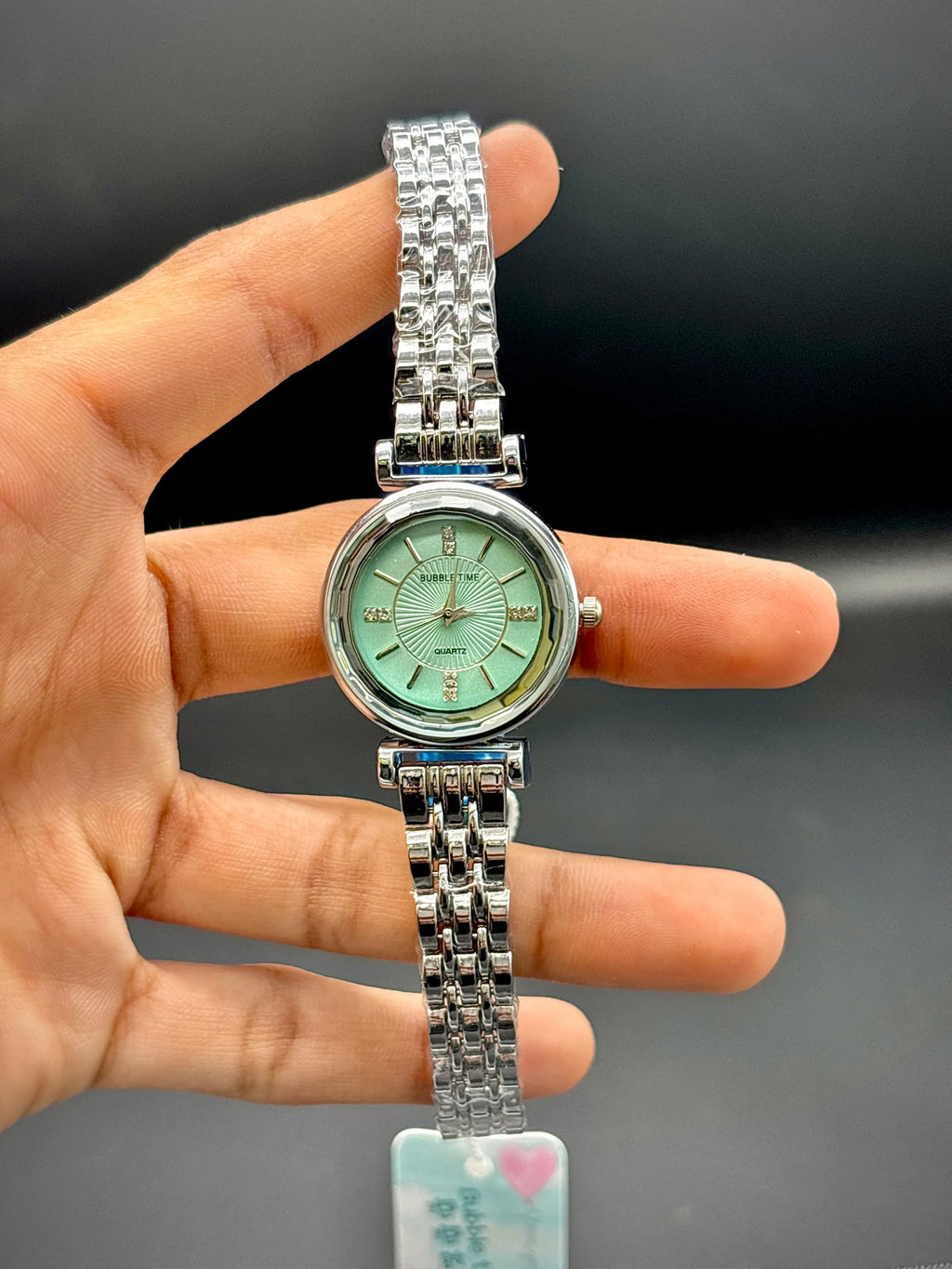 Bubble Time Luxe Silver Wristwatch – Sunray Mint Dial with Crystal Accents - elapse