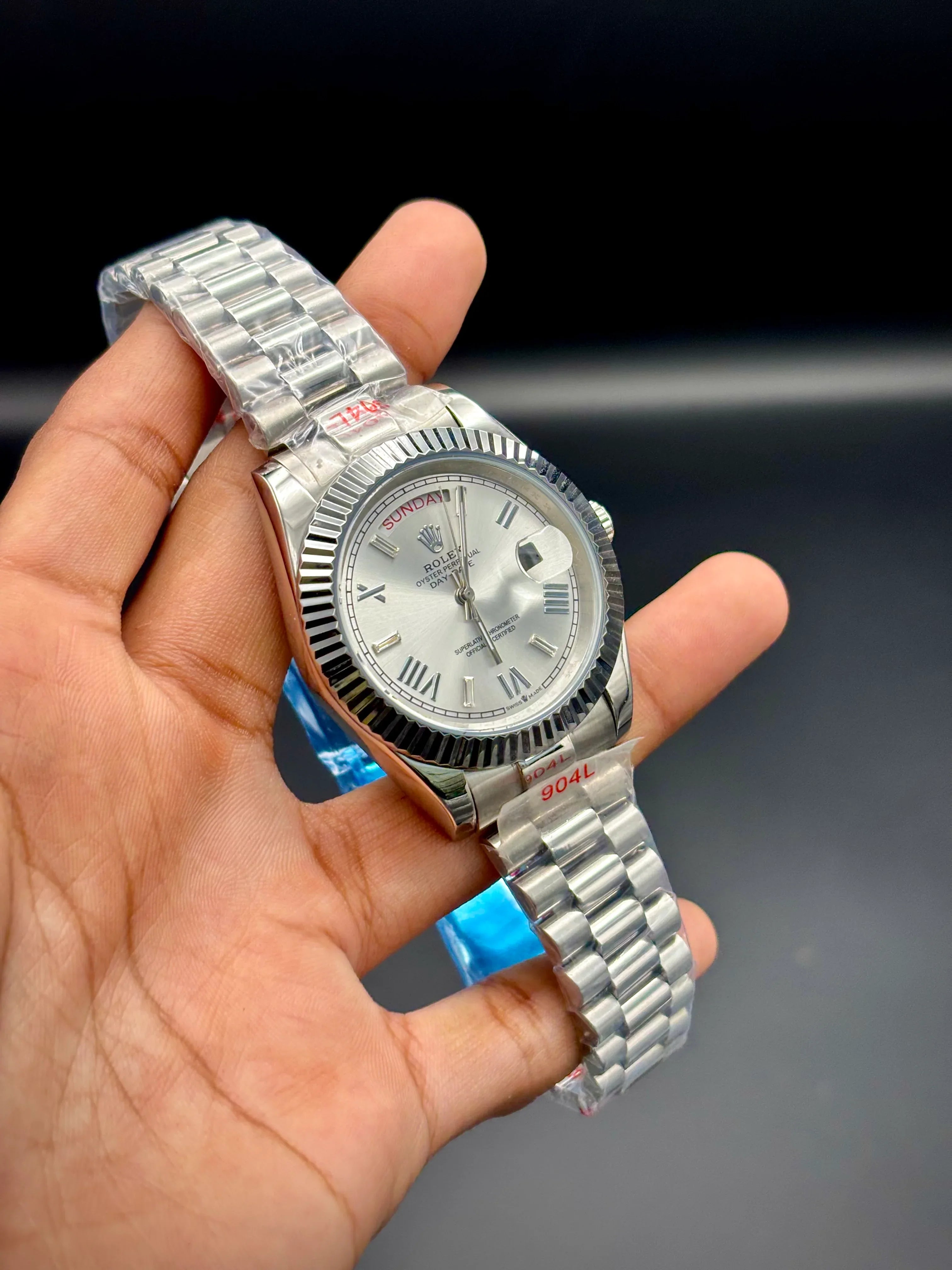 Master Grade YZ Day-Date – Rolex-Inspired Silver Watch (White Dial) - elapse