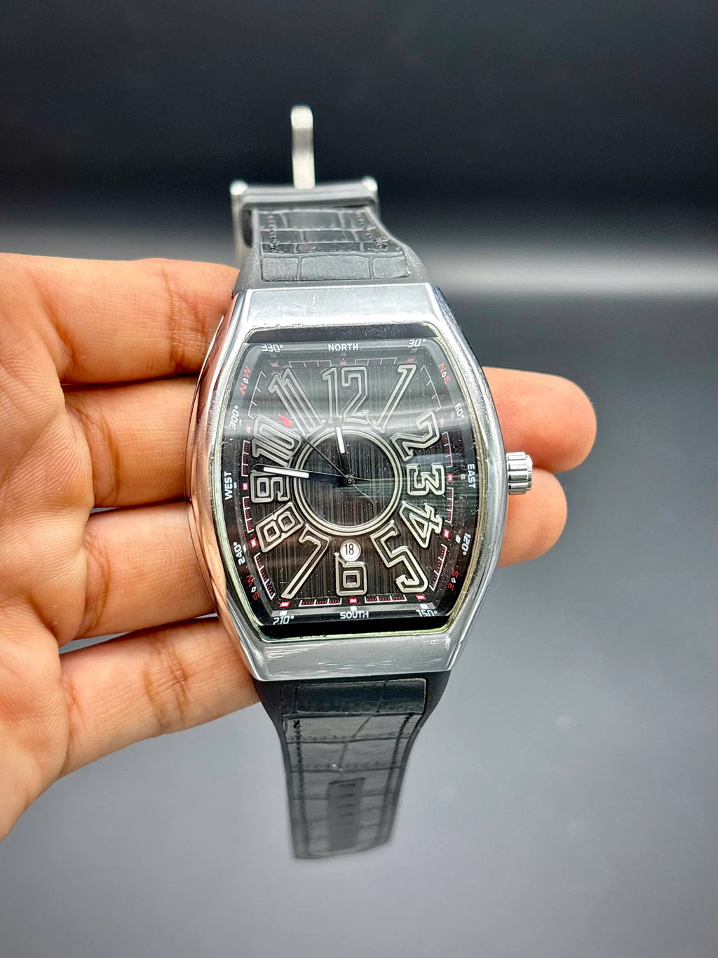 Franck Muller – Black Dial with Silver Case & Black Leather Strap - elapse