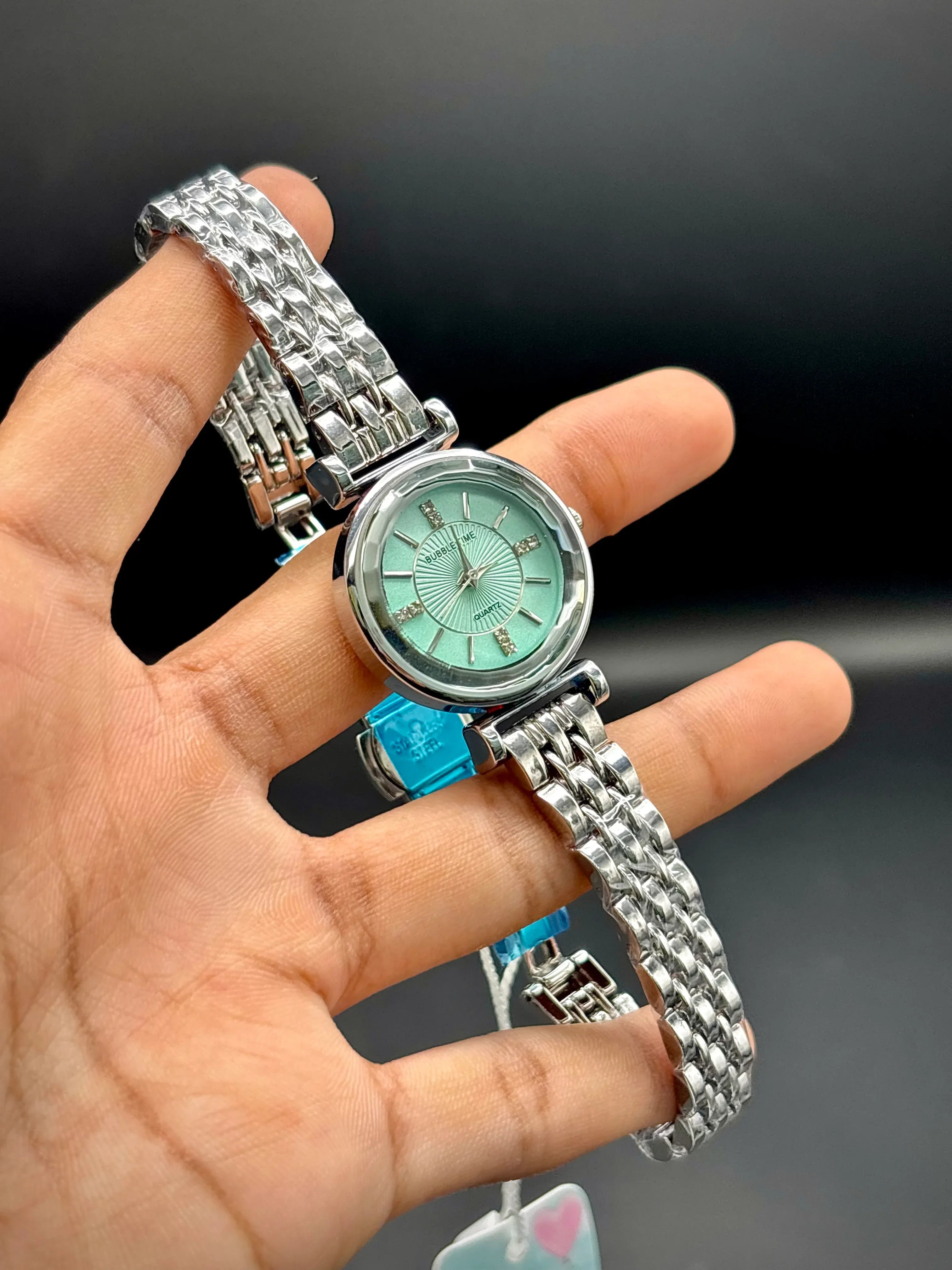 Bubble Time Luxe Silver Wristwatch – Sunray Mint Dial with Crystal Accents - elapse