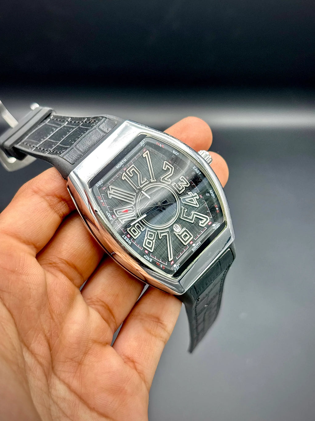 Franck Muller – Black Dial with Silver Case & Black Leather Strap - elapse