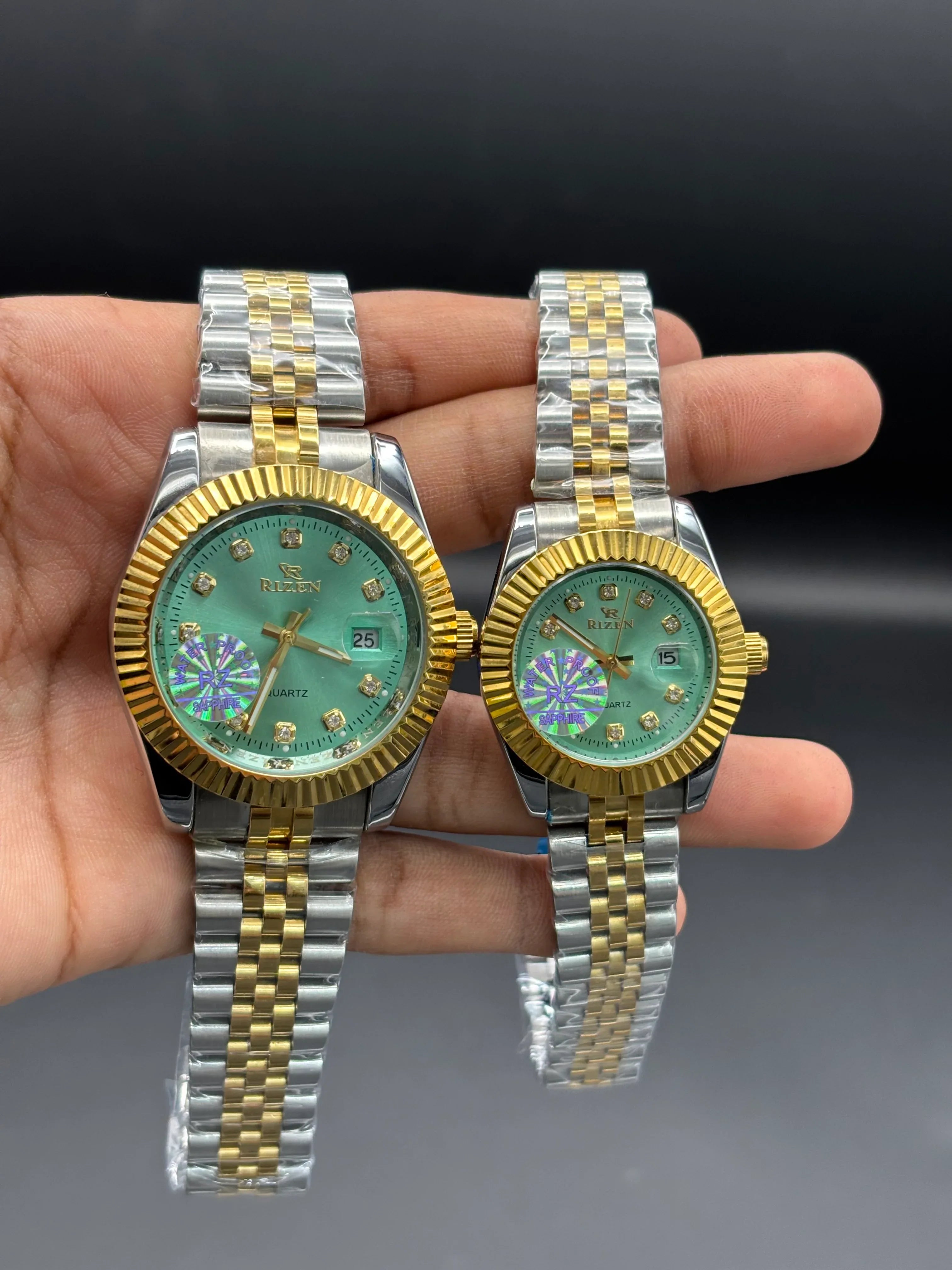 RIZEN Two-Tone Gold & Silver Couple Watch Set – Emerald Green Dial | Premium Quartz - elapse