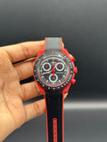 Black & Red Dial Chronograph Style | Quartz Movement | Black Silicone Strap | Lightweight Comfort | Bold Sport-Luxury Design