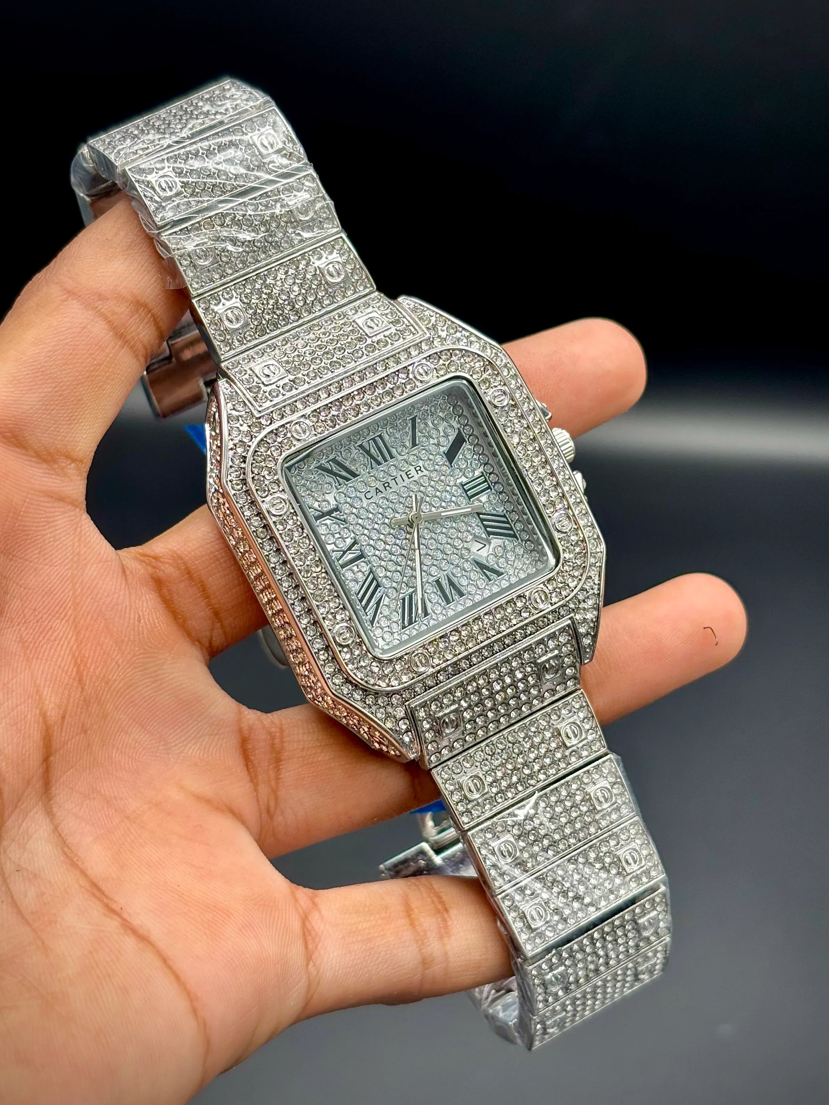 Iced Santos Cartier-Inspired Luxury Watch – Moissanite Diamond Style (Silver) - elapse