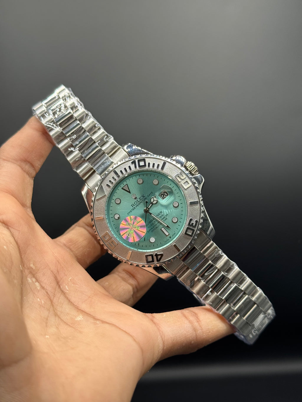 Submariner Style Watch - Ice Blue Dial - Silver Stainless Steel Strap - Rotating Bezel - Date Display -