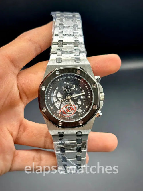 Audemars Piguet Royal Oak – Black Textured Dial with Black Case & Silver Bracelet - elapse